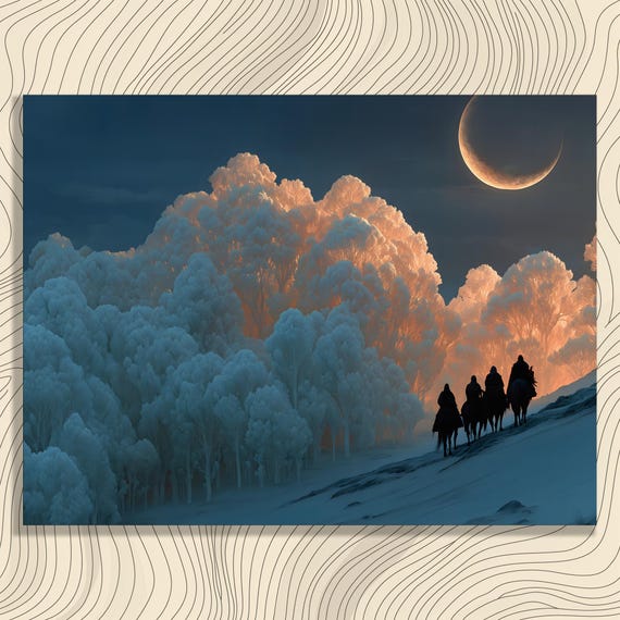 Serene Crescent Moon Canvas Wall Art Moonlit Forest With Glowing Trees And Horse Riding Journey In Modern Landscape Print Dusk Glow