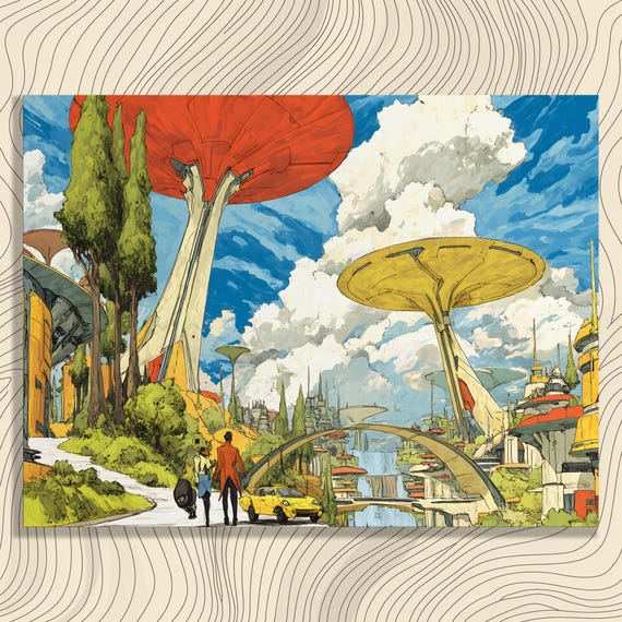 Futuristic City Canvas Wall Art Retro Utopian Skyline With Saucer Towers Sky Bridges And Hovercar Scene Sci Fi Illustration For Decor