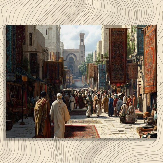 Bustling Oriental Carpet Bazaar Vintage Style Middle Eastern Market Wall Art