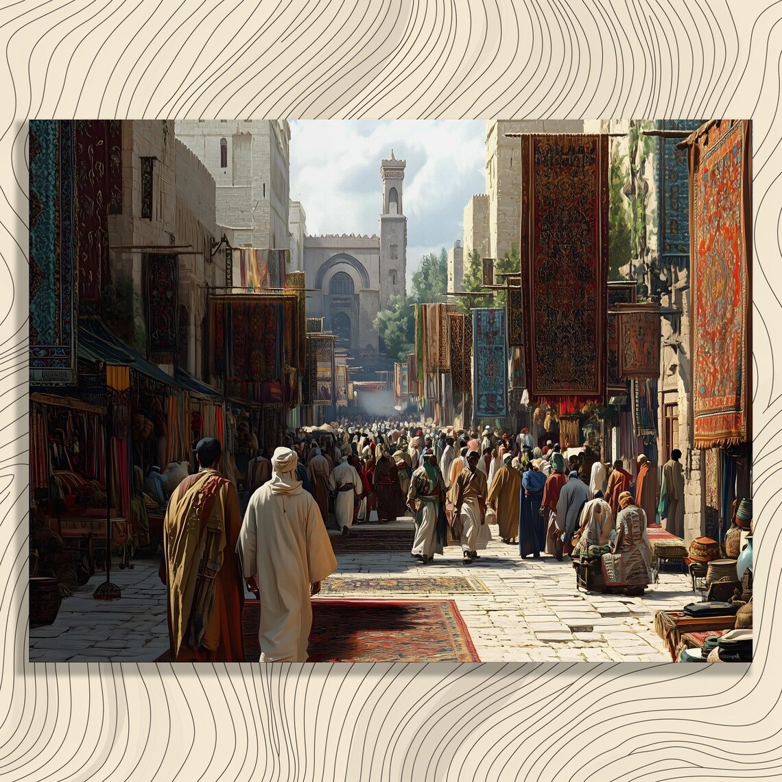 Bustling Oriental Carpet Bazaar Vintage Style Middle Eastern Market Wall Art