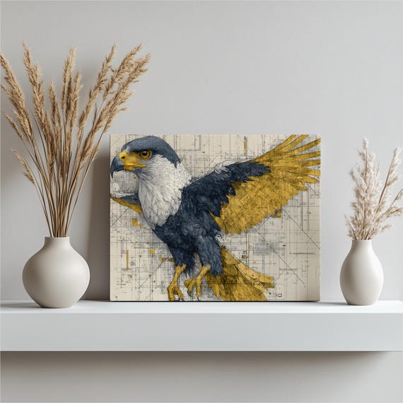 Eagle Blueprint Sketch Canvas Wall Art Modern Wildlife Print Technical Illustration Blue Yellow Raptor Bird Of Prey Decor