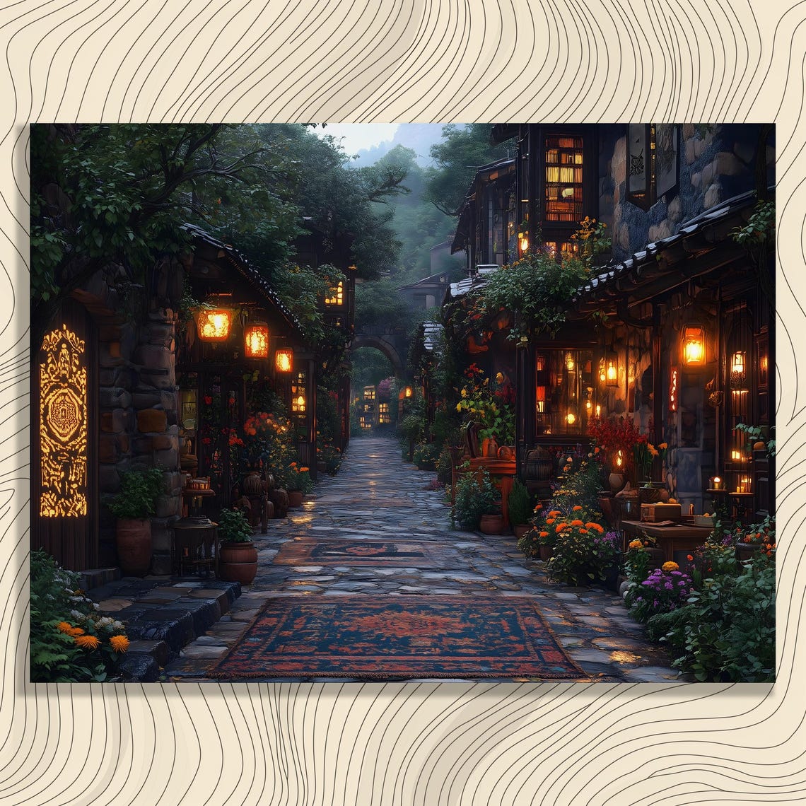 Charming Cobblestone Street Canvas Wall Art Rustic Lanterns Pathway With Vibrant Flowers And Fall Foliage Impressionism Decor Print