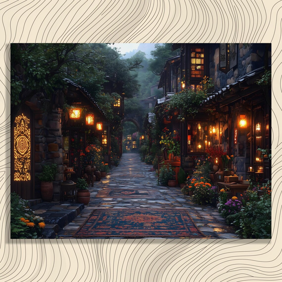 Lantern Lit Old Town Street Dusk Cobblestone Evening Art Poster