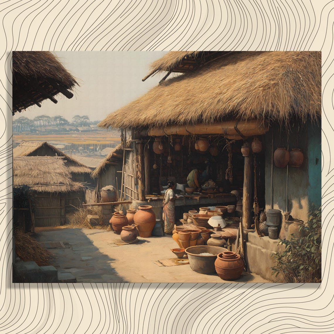 Rustic Pottery Village Clay Pots Thatched Hut Artisan Art Poster