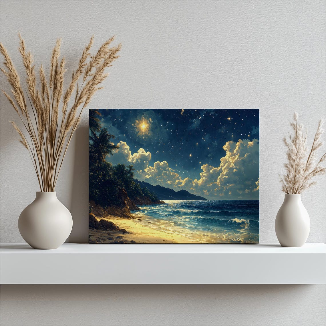 Dreamy Starry Sky Tropical Beach Moonlit Ocean Palm Night Wall Art
