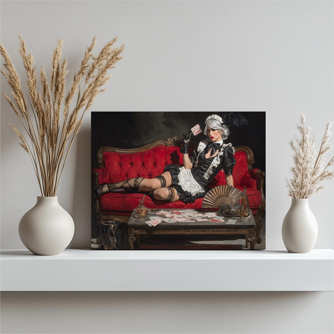 Vintage Burlesque Pin Up Noir Red Chaise Playing Cards Art Poster