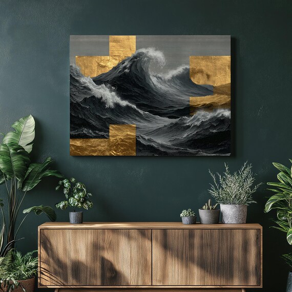 Epic Ocean Wave Canvas Wall Art Abstract Decor Gold Foil Print Modern Coastal Contemporary Seascape Surf Theme