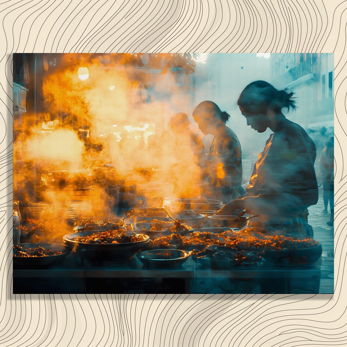 Street Food Market Night Chefs Steam Glow City Kitchen Wall Art