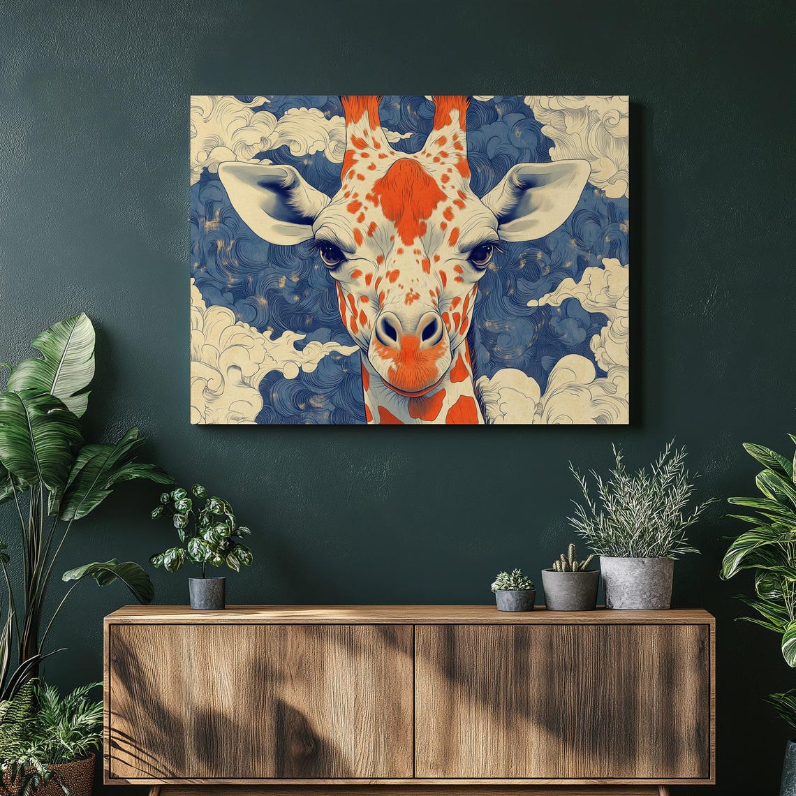 Stylized Giraffe Portrait Bold Orange Blue Cloud Art Wall Art