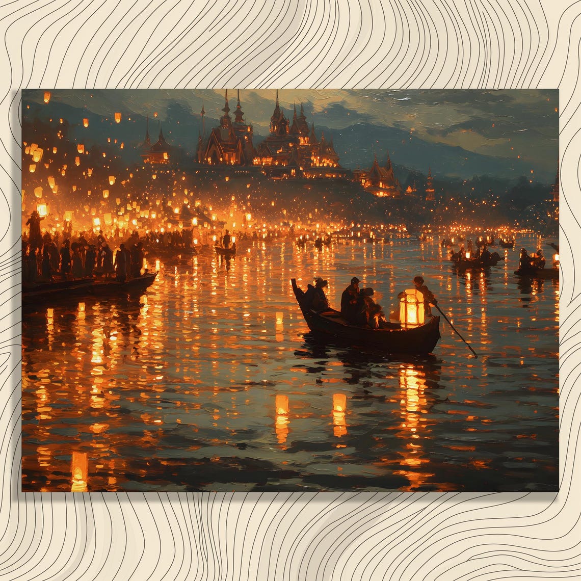 Floating Lantern Festival Mekong River Night Temple Lights Poster