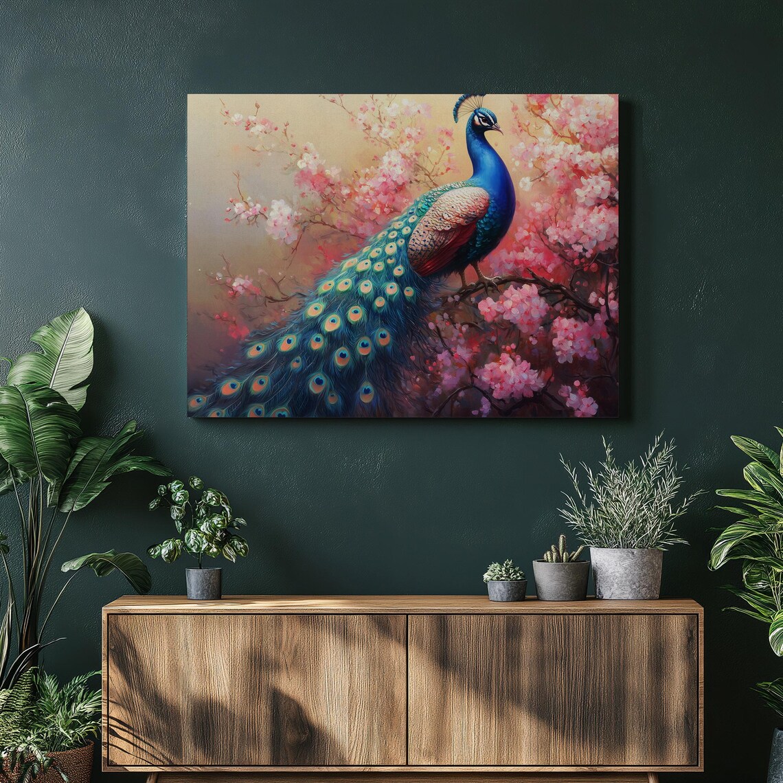 Peacock Cherry Blossom Blooms Vibrant Bird Portrait Colorful Wall Art