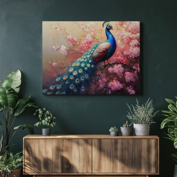 Cherry Blossom Art Peacock Painting Botanical Print Colorful Artwork Nature Home Decor Living Room Bird Illustration