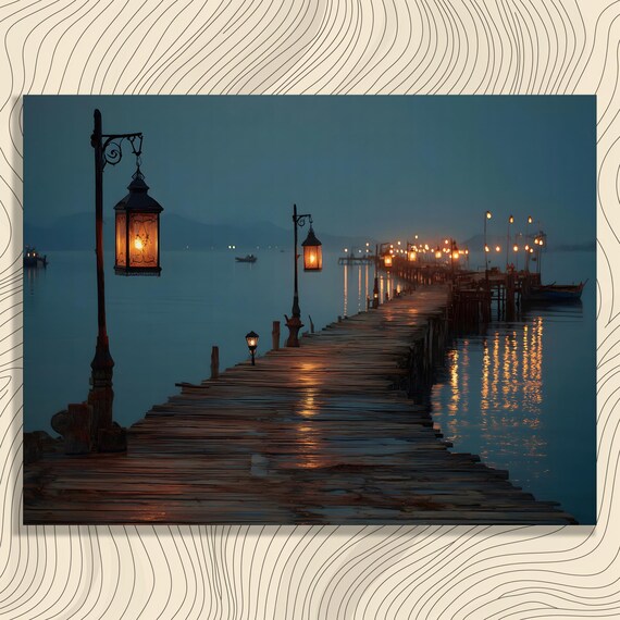 Moonlit Wooden Pier Lanterns Night Ocean Dock Coastal Scene Print