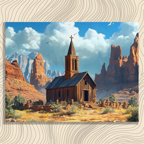 Rustic Desert Church Canvas Wall Art Traditional Landscape Print Realistic Nature Architecture Decor For Adults And Travelers