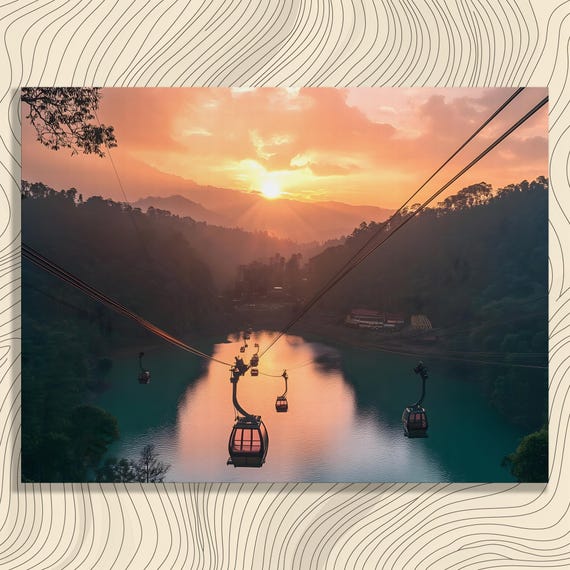 Sunset Gondola Lake Canvas Wall Art Colorful Mountain Scenery Cable Car Above Tranquil Reflective Water Forest Valley Nature Decor Print