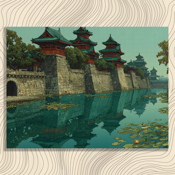 Serene Asian Architecture Canvas Wall Art Traditional Waterway Reflection Painting With Lily Pads And Lush Greenery Landscape Print