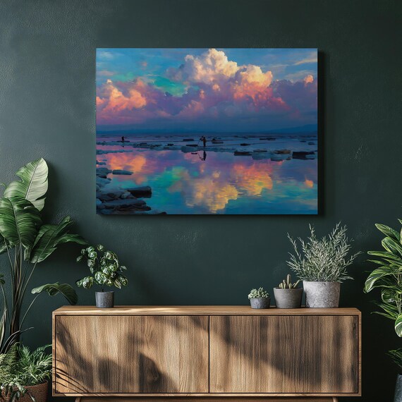 Pastel Coastal Sunset Painting Rocky Shoreline With Cloud Reflections Wall Art