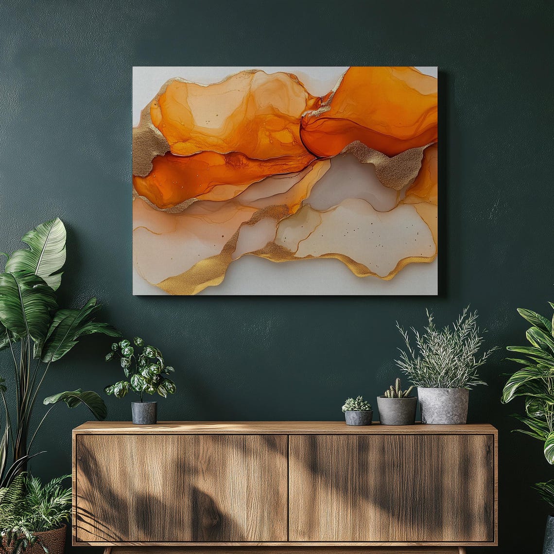 Warm Amber and Gold Alcohol Ink Abstract Fluid Art Poster for Home