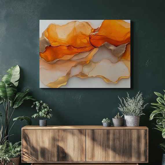 Modern Abstract Canvas Wall Art With Fluid Warm Orange Shapes Gold Accents Contemporary Decoration For Home Office Living Room