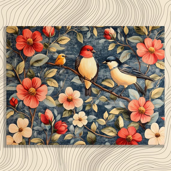 Colorful Birds Canvas Wall Art Vibrant Botanical Floral Nature Wildlife Garden Decor Print For Lovers Enthusiasts
