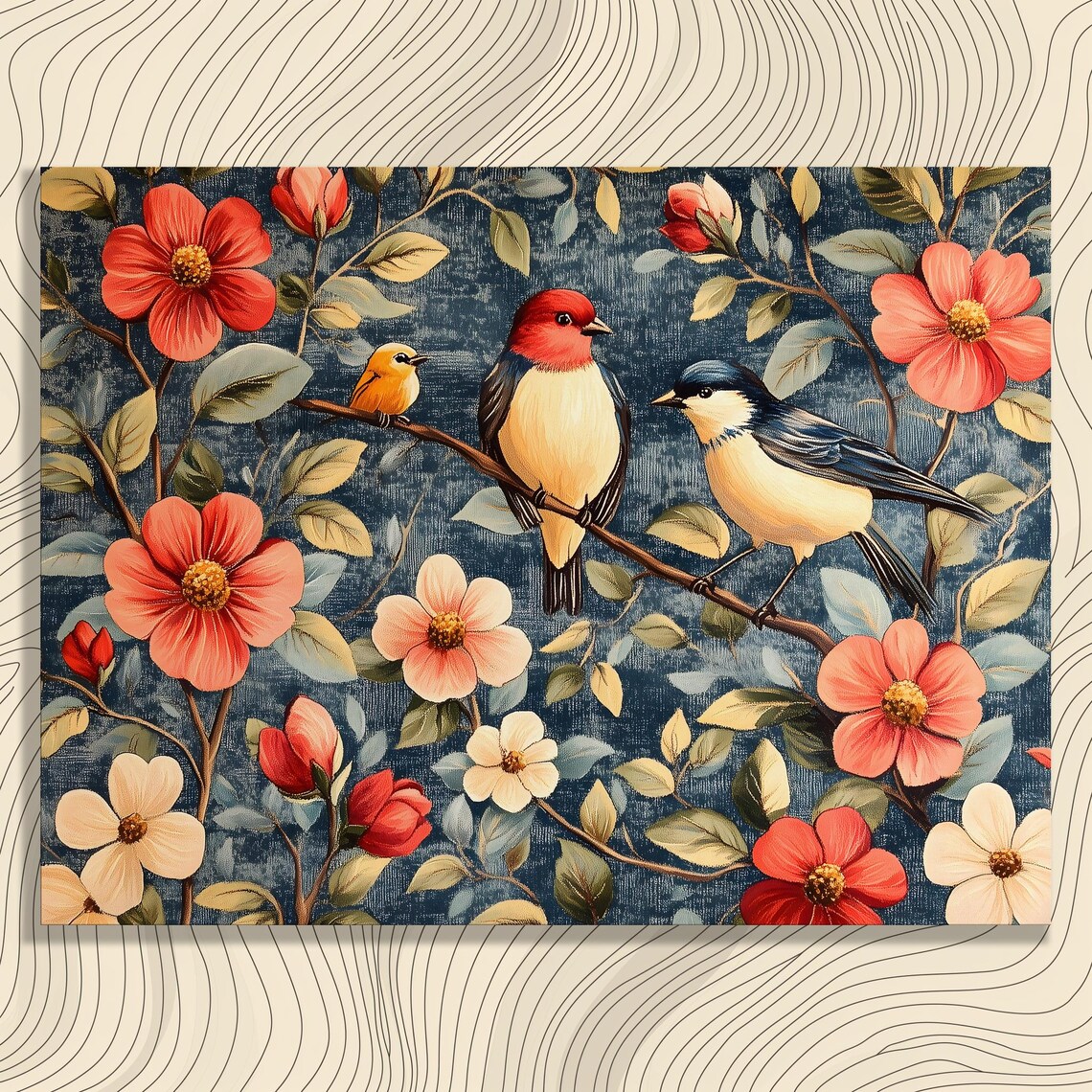Three Songbirds On Branch Red Blossoms Vintage Botanical Poster