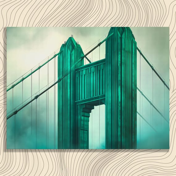 Misty Bridge Tower Canvas Wall Art Surreal Print With Green Deco Influence Midcentury Modern Architectural Scene