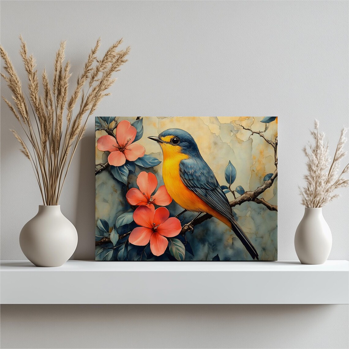 Blue and Gold Songbird Coral Blossom Branch Watercolor Bird Poster