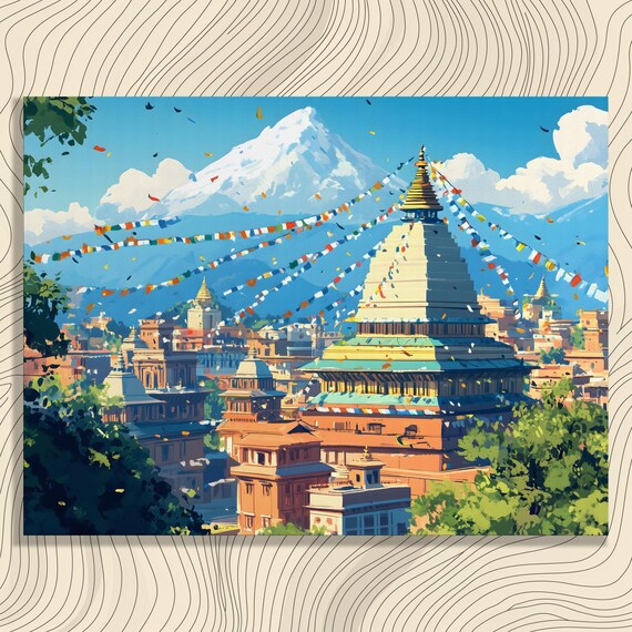 Himalayan Stupa Prayer Flags Mountain Town Cityscape Art Poster