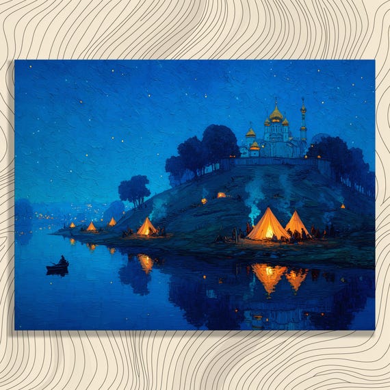Starry River Campsite Canvas Wall Art Moonlit Cathedral On Hill With Tents By Water Night Landscape Reflection Print Modern Camping Decor