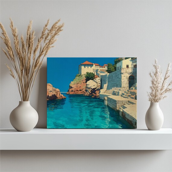 Sunny Mediterranean Coastal Old Town Turquoise Sea Travel Poster