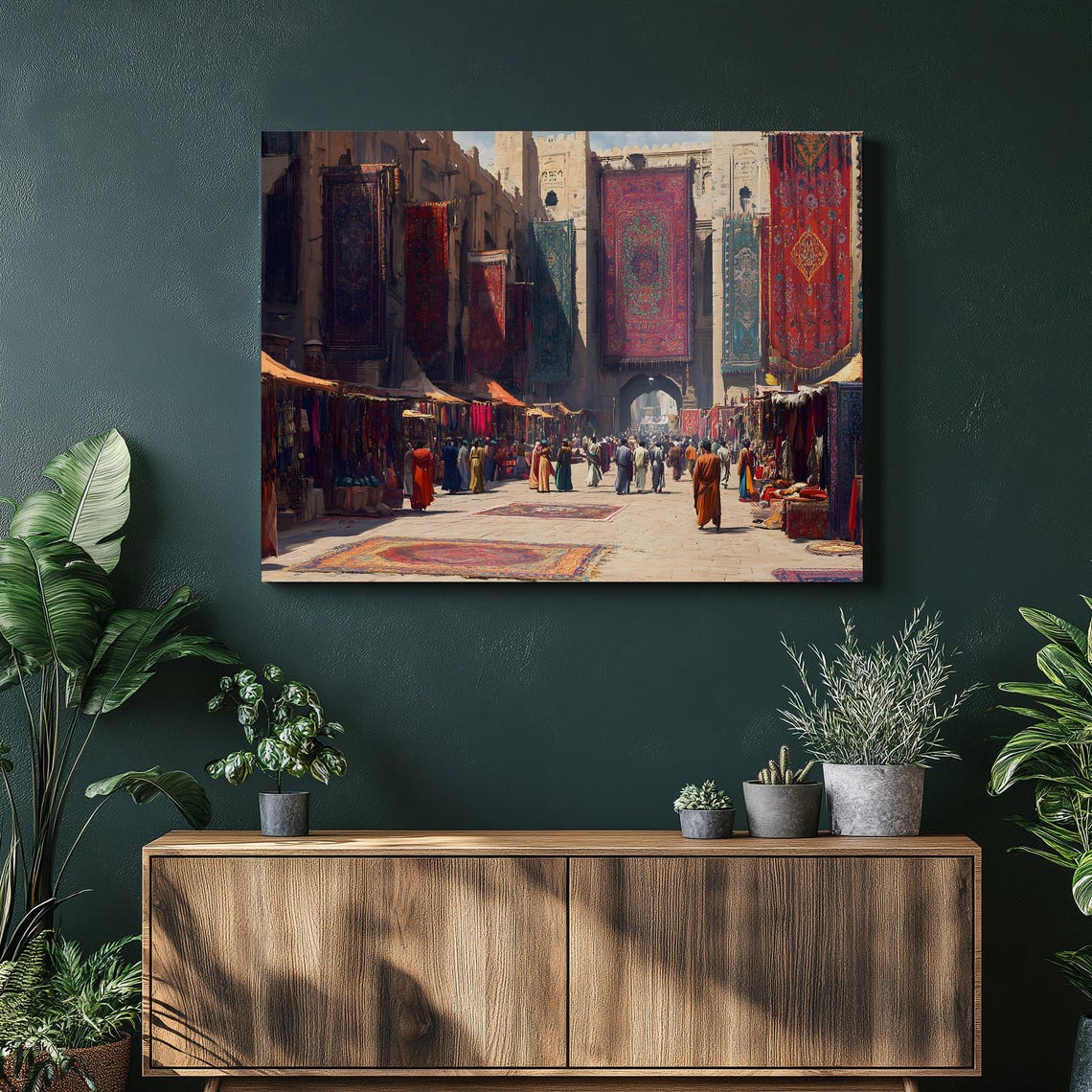Carpet Bazaar Vibrant Desert Market Scene Travel Decor Wall Art