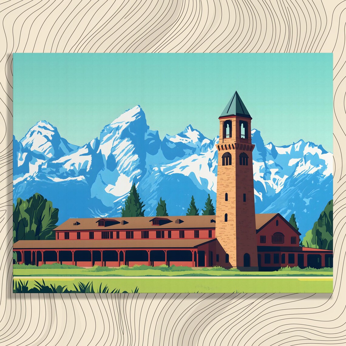 Rustic Mountain Lodge Bell Tower Alpine Retreat Travel Poster
