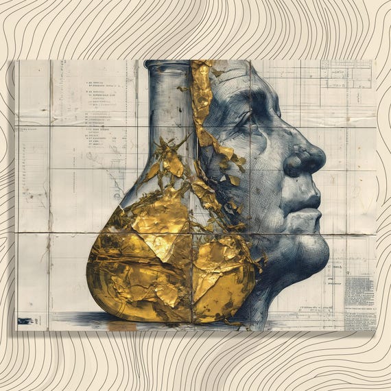 Surreal Anatomy Chemistry Canvas Wall Art Modern Blueprint Portrait With Gold Leaf Flask Print Science Decor Medical Illustration Alchemy