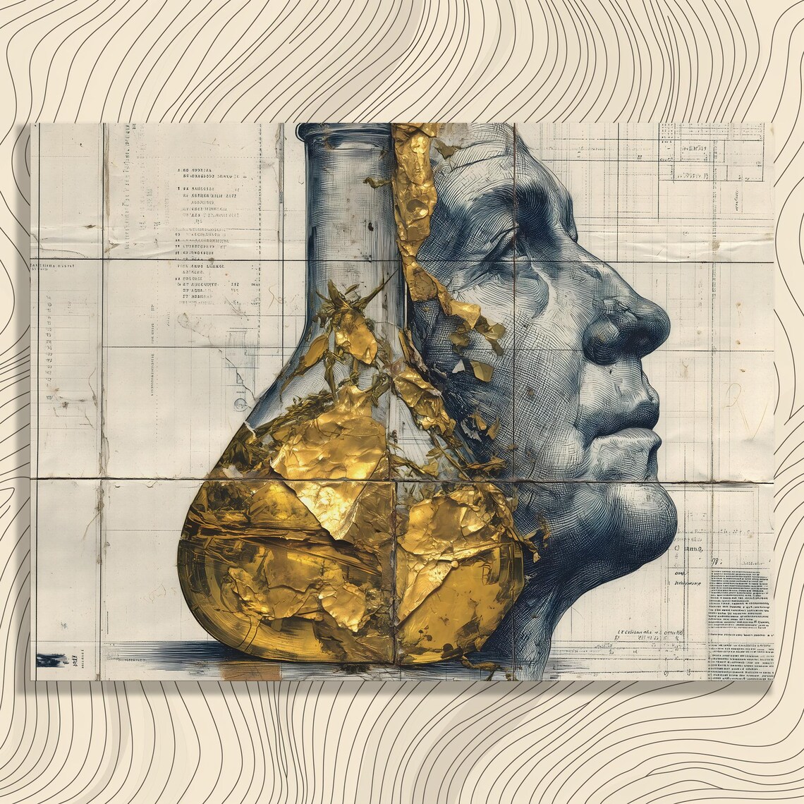 Surreal Gold Leaf Flask Blueprint Anatomy Abstract Art Poster