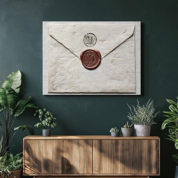 Vintage Envelope Canvas Wall Art Wax Seal Monogram Still Life Print Stationery Decor Mail Painting Style Gift
