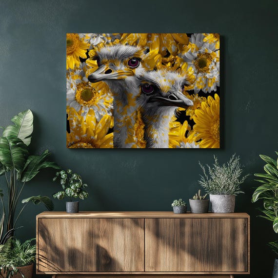 Ostrich Sunflower Daisy Canvas Wall Art Modern Wildlife Bird Portrait Floral Botanical Artwork Nature Illustration Vibrant Yellow Flowers