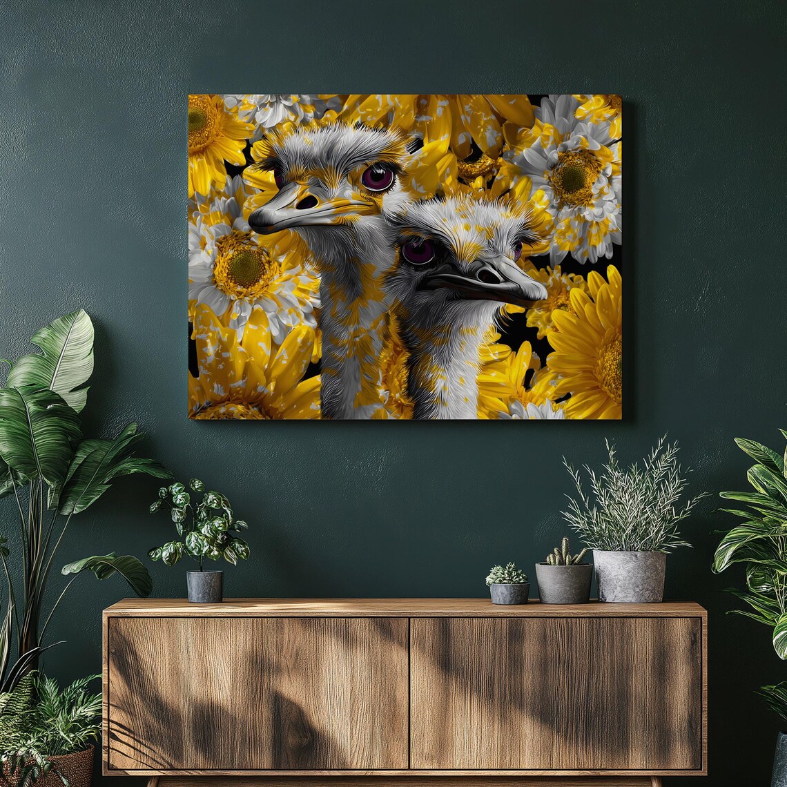 Two Ostriches in Yellow Daisy Flowers Colorful Whimsical Bird Poster
