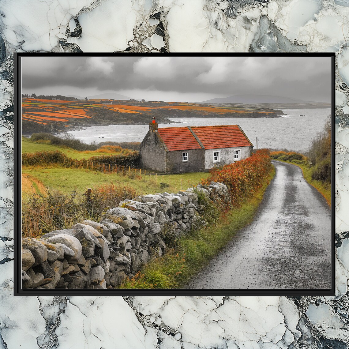 Ireland Coastal Stone Cottage Red Roof Sea View Landscape Art Poster
