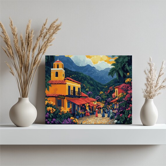 Colorful Tropical Village Flower Market Mountain Canvas Wall Art
