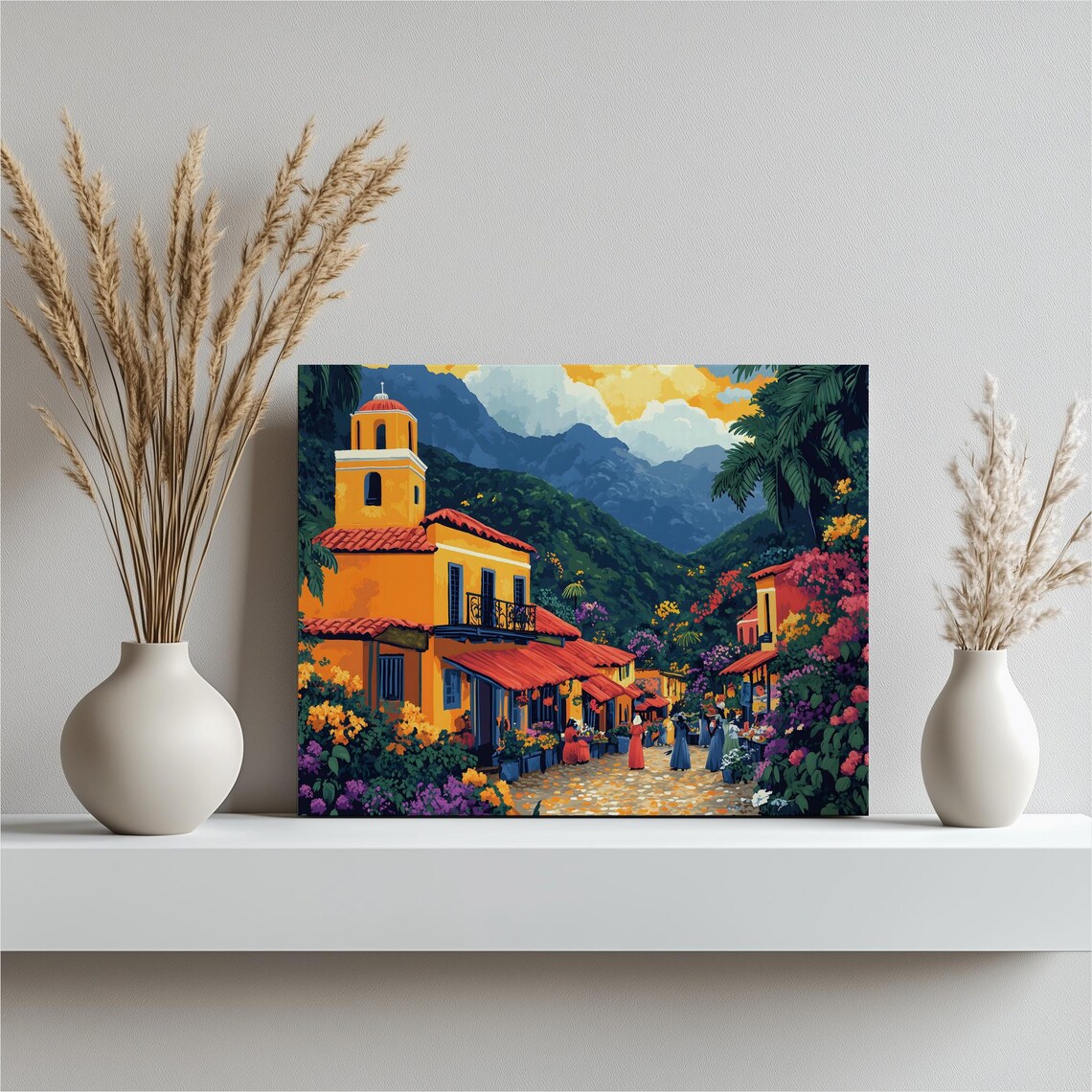 Colorful Tropical Village Flower Market Mountain Canvas Wall Art