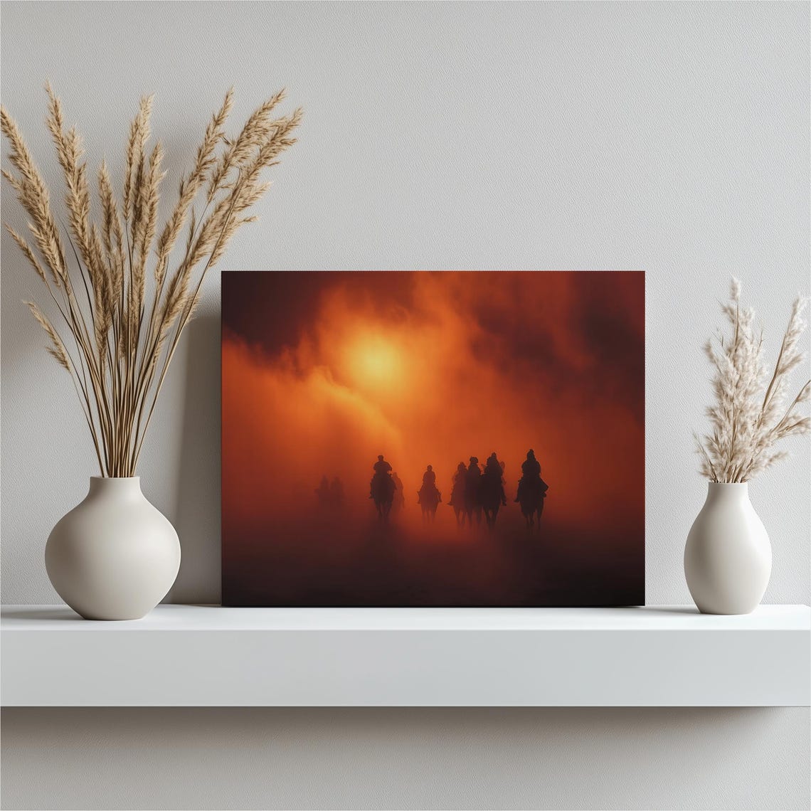 Horseback Riders Sunset Dust Silhouette Western Scene Poster