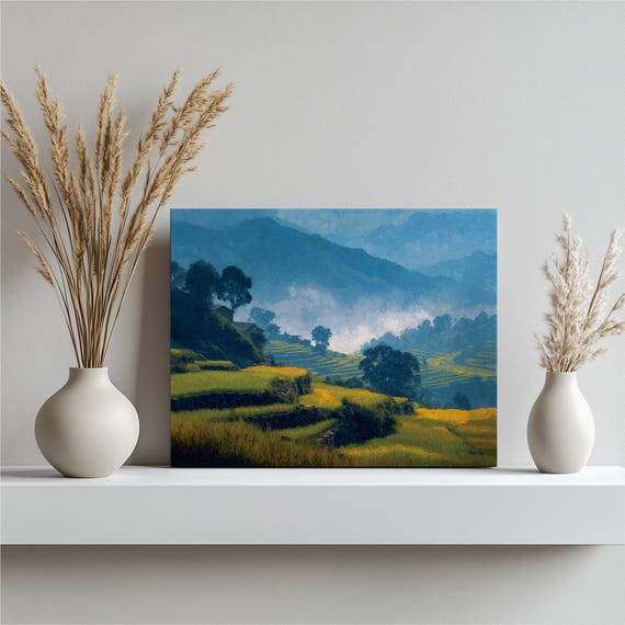 Golden Rice Terraces Canvas Wall Art Misty Mountain Landscape Print Rustic Farmhouse Decor Nature Painting Colorful Countryside Valley