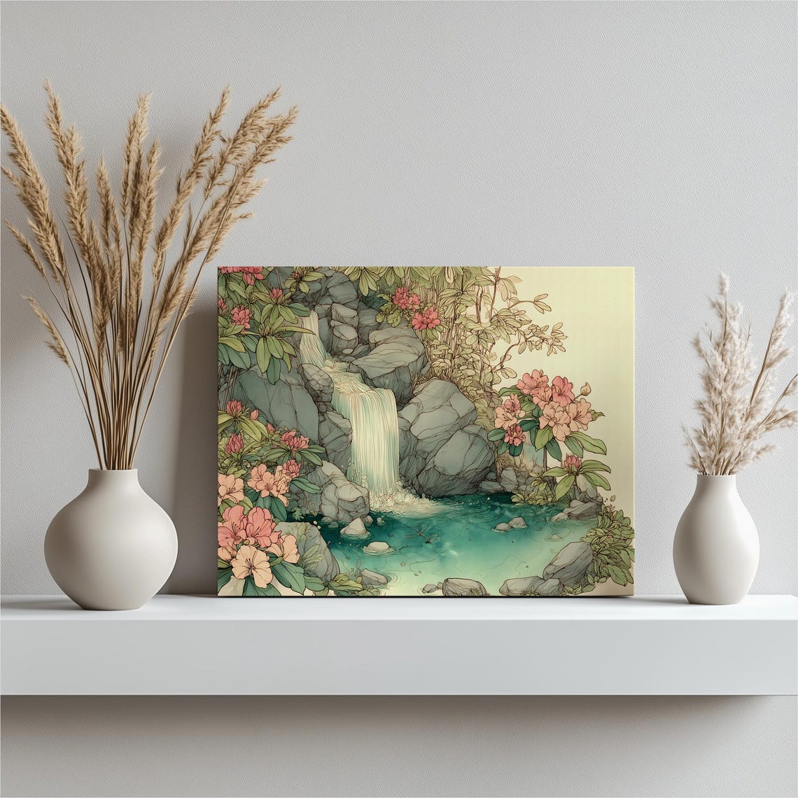Botanical Waterfall Garden Flowers Japandi Nature Art Poster