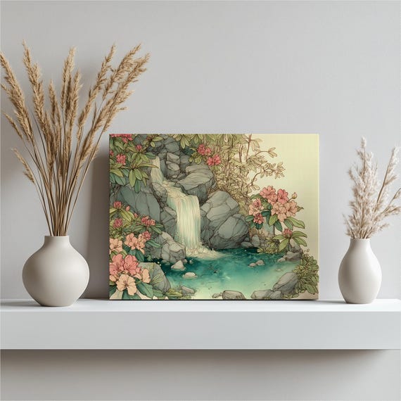 Waterfall Pond Canvas Wall Art Botanical Floral Decor Print Pink Rhododendron Flower Landscape Illustration Green Nature Poste