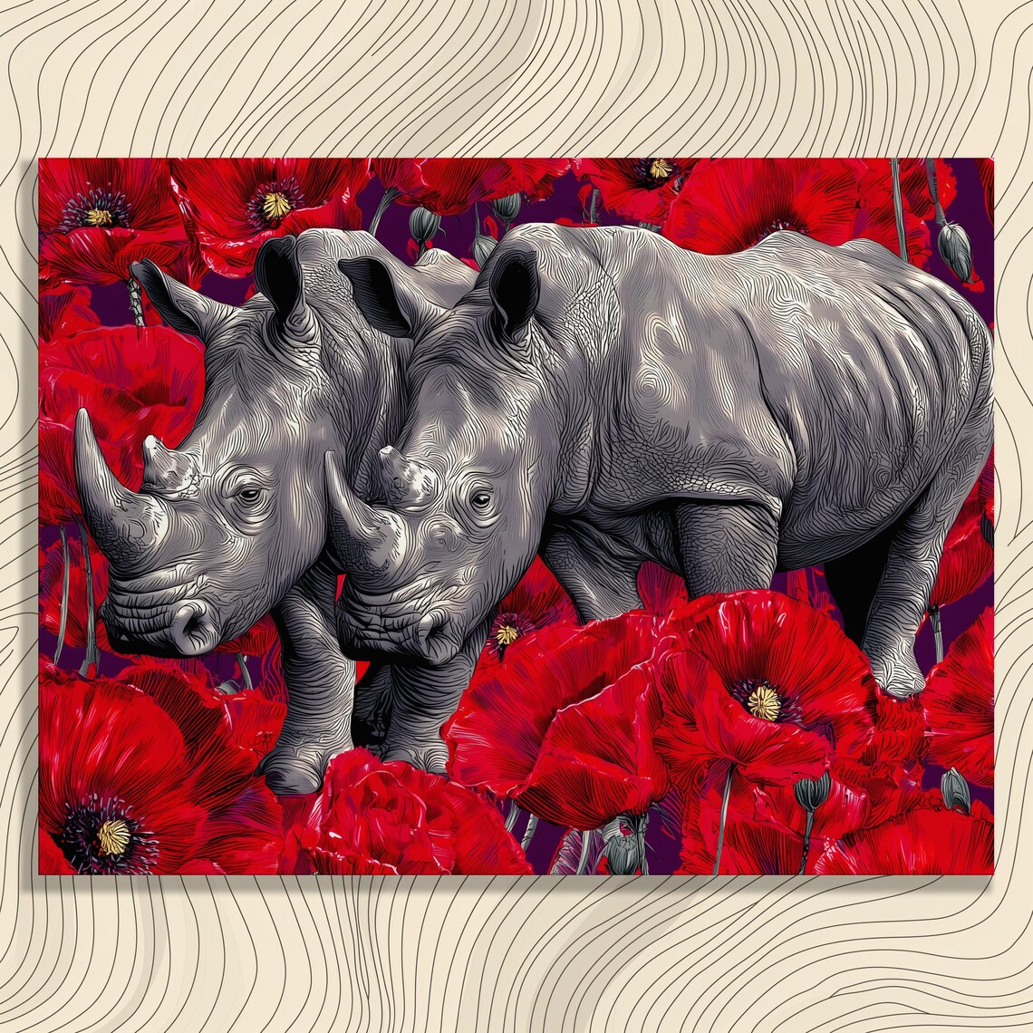 Two Rhinos Among Giant Red Poppies Bold Pop Illustration Animal Poster