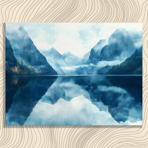 Misty Mountain Canvas Wall Art Tranquil Lake Reflection Nature Print Minimal Inspired Landscape Decor For Enthusiasts