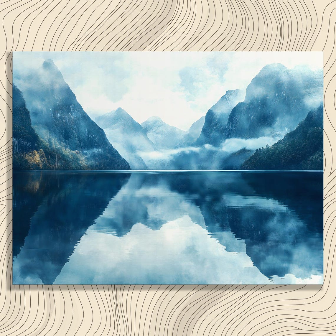 Misty Mountain Lake Mirror Reflection Blue Serene Art Poster