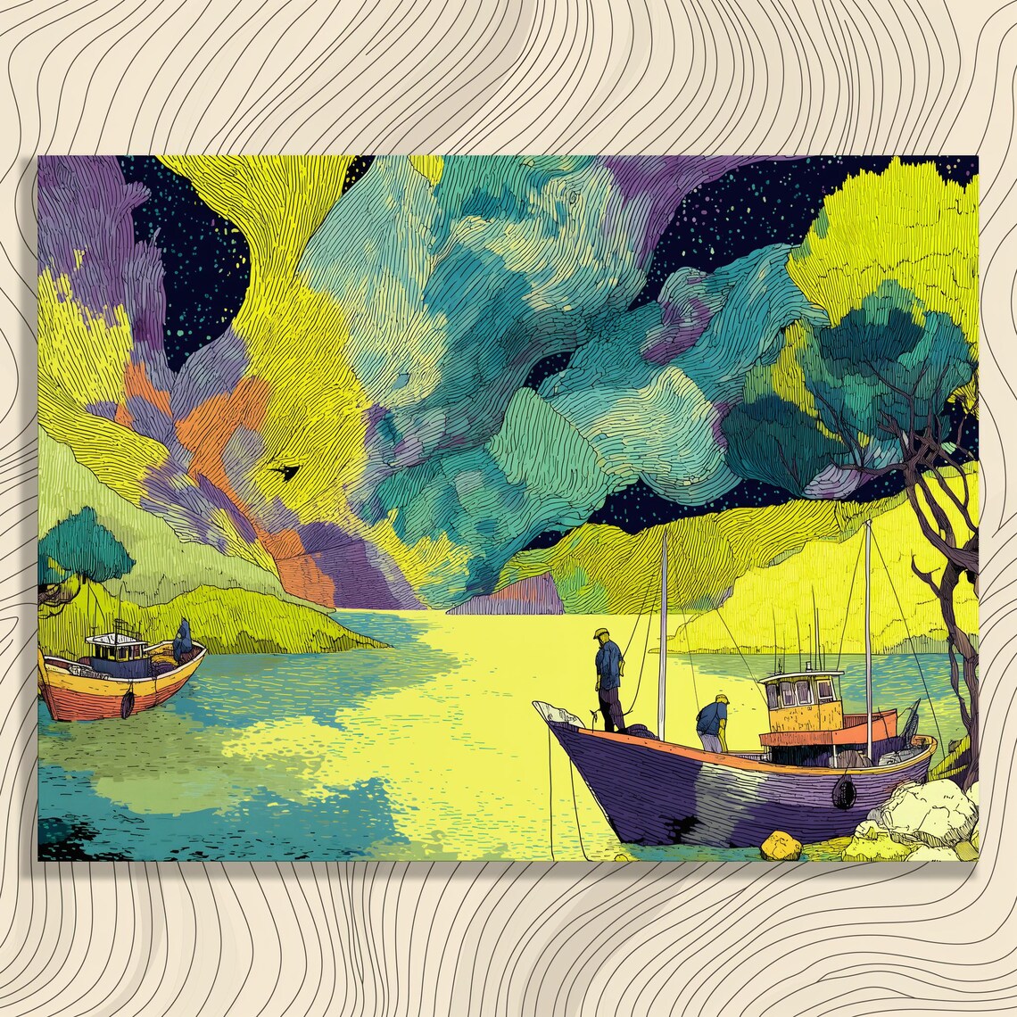 Starry Night Fishing Boats Colorful Line Art Seascape Night Sky Poster