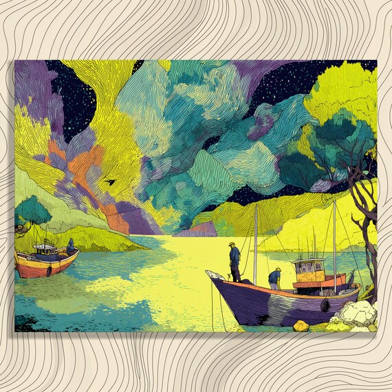 Vibrant Starry Night Canvas Wall Art Colorful Lake Landscape Painting Print Watercolor Enthusiasts Boats