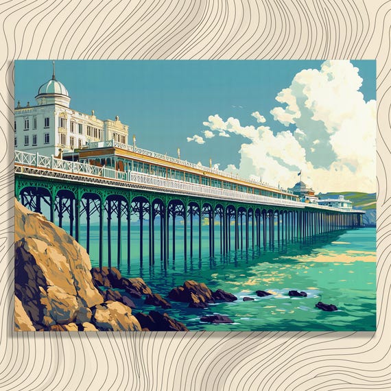 Pier Ocean Canvas Wall Art Vintage Painting Print Coastal Seascape Decor With Rocky Shoreline Architecture Detail